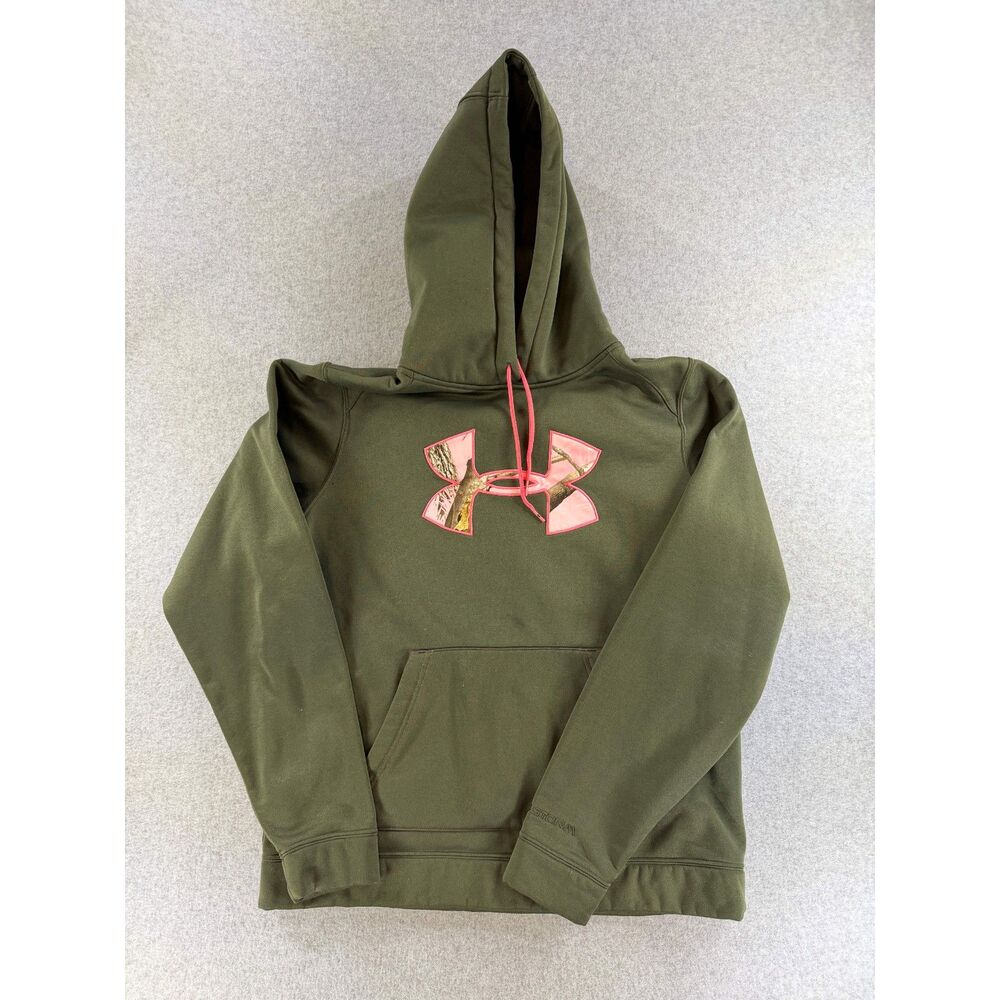 Under Armour ColdGear Storm Camo Logo Olive Green Hoodie Women’s L 3282